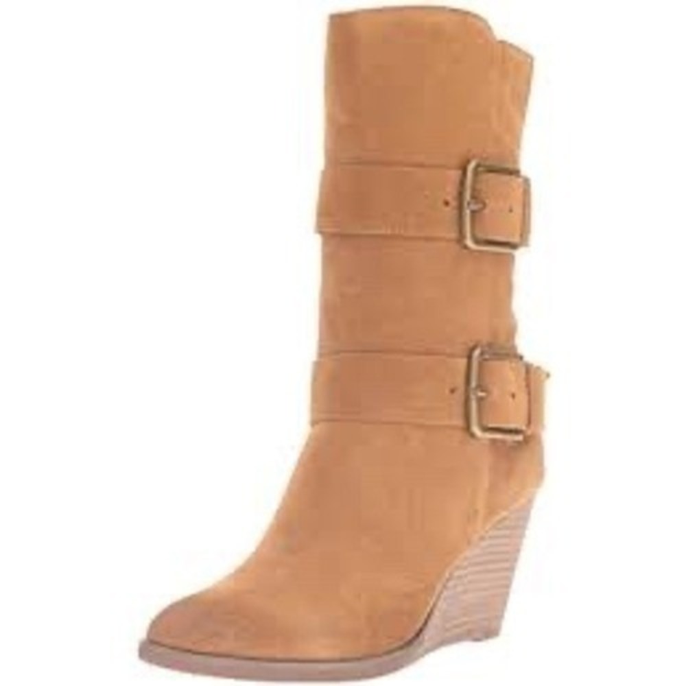 Very Volatile tan suede wedge mid calf boots buckles women's size 8.5 Trendy‎